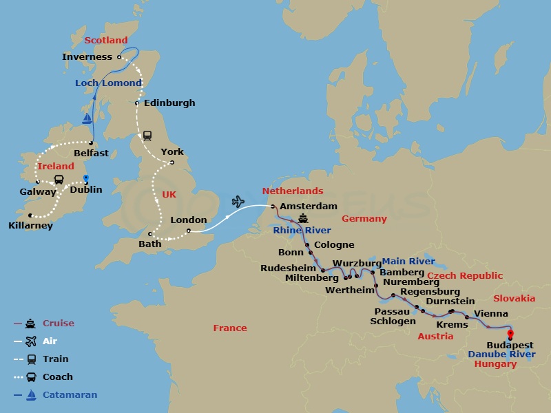 33 Night - Jewels of Europe with Majestic Britain & Ireland - Scenic Opal - Starting in Dublin, Dublin / Killarney, Killarney, Killarney / Galway, Galway / Belfast, Belfast, Belfast / Loch Lomond, Loch Lomond, Loch Lomond / Inverness, Inverness, Inverness / Edinburgh, Edinburgh, Edinburgh / York, York, York / Bath, Bath, Bath / London, London, London / Amsterdam, Amsterdam, Cologne / Bonn, Rhine Gorge / Rudesheim, Miltenberg / Wertheim, Wurzburg, Bamberg, Nuremberg, Regensburg, Passau / Schlogen, Durnstein / Krems, Vienna, Budapest itinerary map