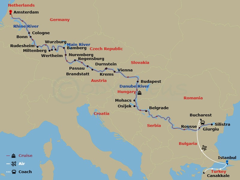 Scenic Jade - 28 Night - Iconic Europe, from Bucharest to Amsterdam with Turkey - Scenic Jade - Starting in Istanbul, Istanbul / Canakkale, Canakkale, Canakkale / Istanbul,.. itinerary map