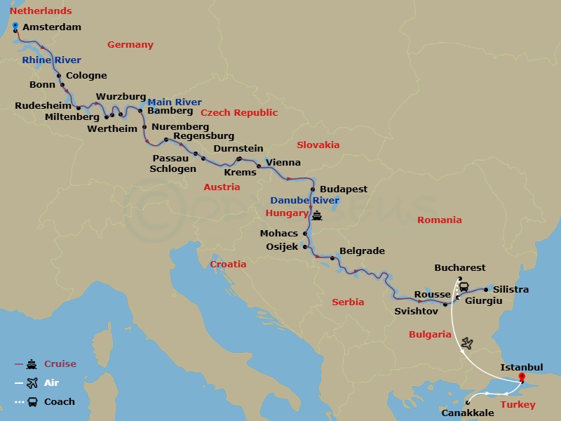 Scenic Opal - 28 Night - North Sea to the Black Sea with Turkey - Scenic Opal - Starting in Amsterdam, Cologne / Bonn, Rhine Gorge / Rudesheim, Miltenberg / Wertheim, Wurzb.. itinerary map