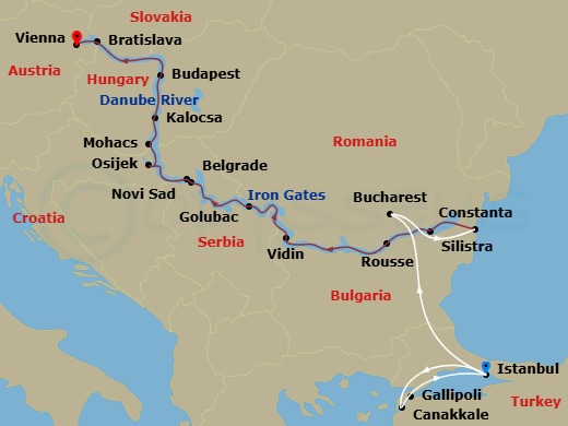 Scenic Crystal - 23 Night - Lower Danube Discovery with Vienna & Istanbul - Scenic Crystal - Starting in Istanbul, Istanbul / Canakkale, Canakkale, Canakkale / Istanbul, Istan.. itinerary map