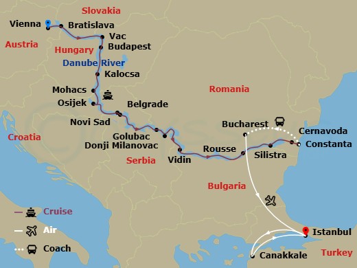 Scenic Crystal - 23 Night - Lower Danube Discovery with Vienna & Istanbul - Scenic Crystal - Starting in Vienna, Vienna / Budapest, Bratislava, Bratislava / Vac, Budapest, Kal.. itinerary map