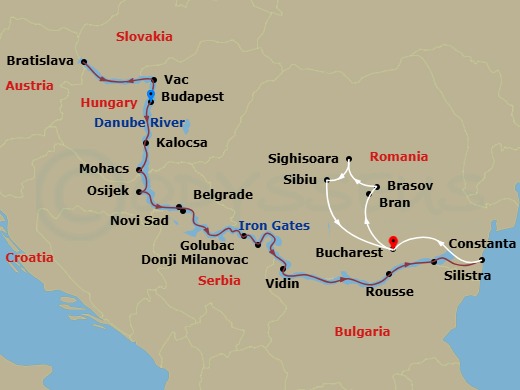 Scenic Crystal - 19 Night - Lower Danube Discovery with Transylvania - Scenic Crystal - Starting in Budapest, Bratislava, Bratislava / Vac, Budapest, Kalocsa / Mohacs, Mohacs.. itinerary map