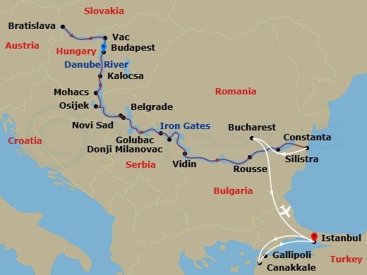 Scenic Crystal - 21 Night - Lower Danube Discovery with Turkey - Scenic Crystal - Starting in Budapest, Bratislava, Bratislava / Vac, Budapest, Kalocsa / Mohacs, Mohacs / Osij.. itinerary map