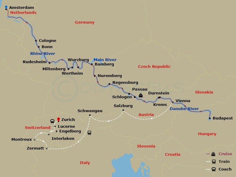 Scenic Jade - 28 Night - Jewels of Europe with Wonders of Switzerland & Austria - Scenic Jade - Starting in Amsterdam, Cologne / Bonn, Rhine Gorge / Rudesheim, Miltenberg /.. itinerary map
