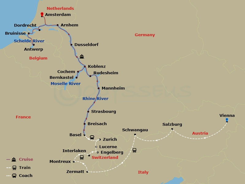 Scenic Ruby - 28 Night - Romantic Rhine & Moselle with Wonders of Switzerland & Austria - Scenic Ruby - Starting in Vienna, Vienna / Salzburg, Salzburg, Schwangau, Schwanga.. itinerary map