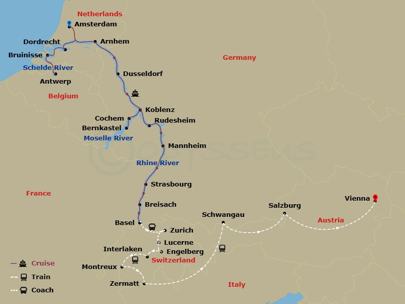 Scenic Ruby - 28 Night - Romantic Rhine & Moselle with Wonders of Switzerland & Austria - Scenic Ruby - Starting in Amsterdam, Dordrecht, Bruinisse, Antwerp, Arnhem, Dussel.. itinerary map