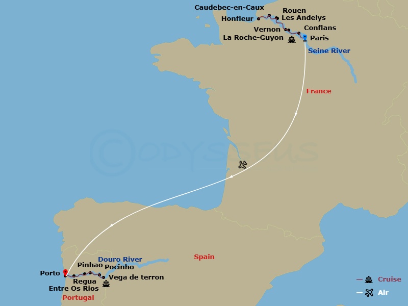 Scenic Azure - 20 Night - Normandy & Gems of the Seine & Unforgettable Douro - Scenic Azure - Starting in Paris, Les Andelys, Rouen, Rouen / Honfleur, Honfleur, Honfleur / C.. itinerary map