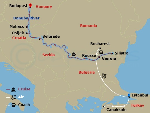 Scenic Jade - 16 Night - Eastern Europe & Balkans Unveiled with Turkey & Budapest - Scenic Jade - Starting in Istanbul, Istanbul / Canakkale, Canakkale, Canakkale / Istanbu.. itinerary map