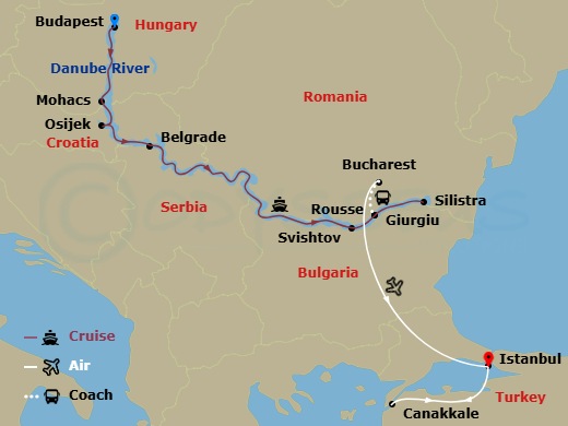 Scenic Opal - 14 Night - Eastern Europe & Balkans Unveiled with Turkey - Scenic Opal - Starting in Budapest, Mohacs, Osijek, Belgrade, Cruising Day, Svishtov / Rousse, Sili.. itinerary map