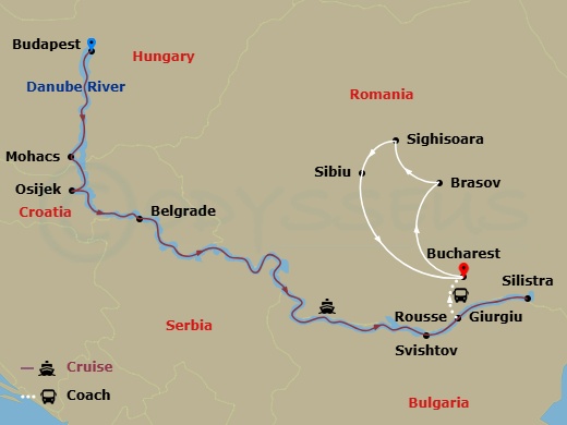 Scenic Amber - 12 Night - Eastern Europe & Balkans Unveiled with Transylvania - Scenic Amber - Starting in Budapest, Mohacs, Osijek, Belgrade, Cruising Day, Svishtov / Rouss.. itinerary map