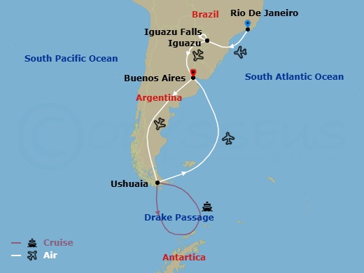 20 Night - Highlights of Antarctica, Argentina and Brazil - Cruise & Land Journey - Scenic Eclipse - Starting in Rio De Janeiro, Rio de Janeiro / Iguazu Falls, Iguazu, Iguazu Falls / Buenos Aires, Buenos Aires, Buenos Aires / Ushuaia, Antarctica, At Sea / Ushuaia, Ushuaia, Argentina / Buenos Aires itinerary map