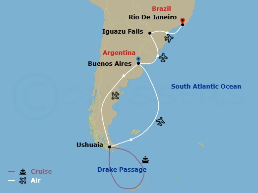 21 Night - Highlights of Antarctica, Argentina and Brazil - Cruise & Land Journey - Scenic Eclipse II - Starting in Buenos Aires, Argentina, Buenos Aires / Ushuaia, Antarctica, At Sea / Ushuaia, Ushuaia / Buenos Aires, Argentina, Buenos Aires, Buenos Aires / Iguazu, Iguazu Falls, Iguazu Falls / Rio de Janeiro, Rio De Janeiro itinerary map