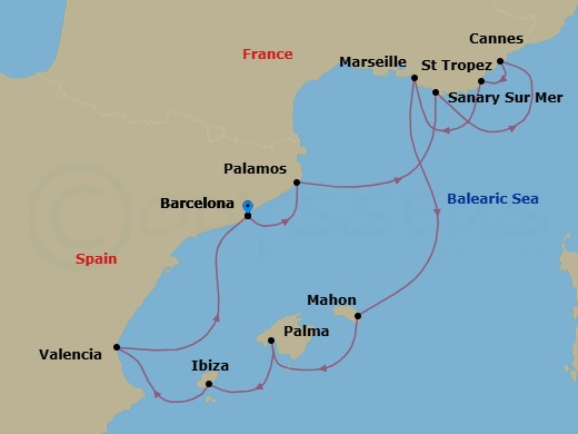 10 Night - Spain, French Riviera & the Balearic Islands : Tastes of Discovery Voyage with Chef Begona Rodrigo - Scenic Eclipse II - Starting in Barcelona, Spain, Palamos, Spain, Sanary-sur-Mer, France, Cannes, France, Saint-Tropez, France, Marseille, France, Mahon, Spain, Palma De Mallorca, Spain, Ibiza, Spain, Valencia, Spain, Barcelona, Spain itinerary map
