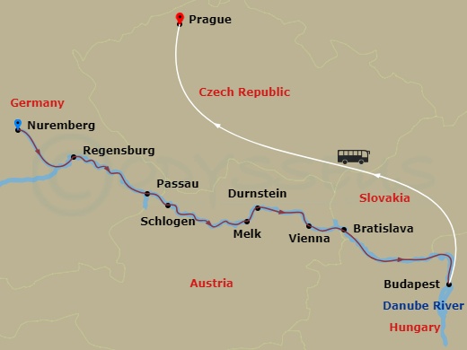 Scenic Opal - 12 Night - Danube Christmas Markets with Nuremberg & Prague - Scenic Opal - Starting in Nuremberg, Nuremberg / Regensburg, Regensburg, Passau / Schlogen, Melk.. itinerary map