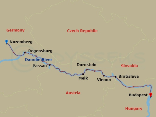 Scenic Opal - 9 Night - Danube Christmas Markets with Nuremberg - Scenic Opal - Starting in Nuremberg, Nuremberg / Regensburg, Regensburg, Passau / Schlogen, Melk / Durnste.. itinerary map