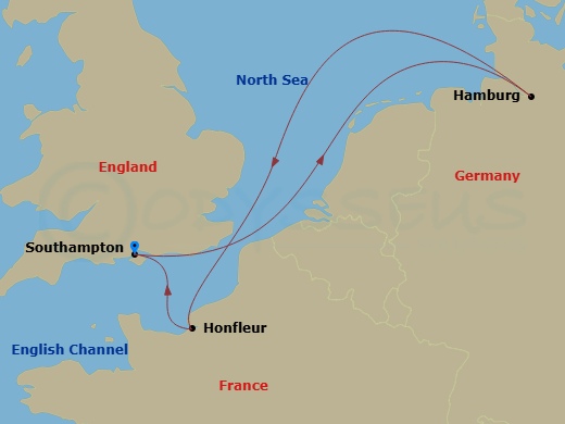 Balmoral - 6 Night - Western Europe Roundtrip from Southampton - Balmoral - Starting in Southampton, Hamburg, Honfleur, Southampton itinerary map