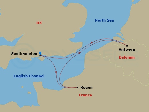 Balmoral - 6 Night - Western Europe Roundtrip from Southampton - Balmoral - Starting in Southampton, Cruising River Seine, Rouen, Antwerp, Cruising Western Scheldt River.. itinerary map