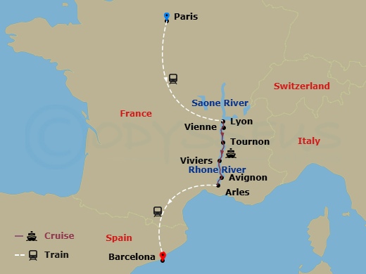 AmaKristina Cruise Tours - 13 Night - Colors of Provence with Paris Pre-Cruise and Barcelona Post-Cruise - AmaKristina Cruise Tours - Starting in Paris, Vienne, Tournon, Viviers, Avigno.. itinerary map