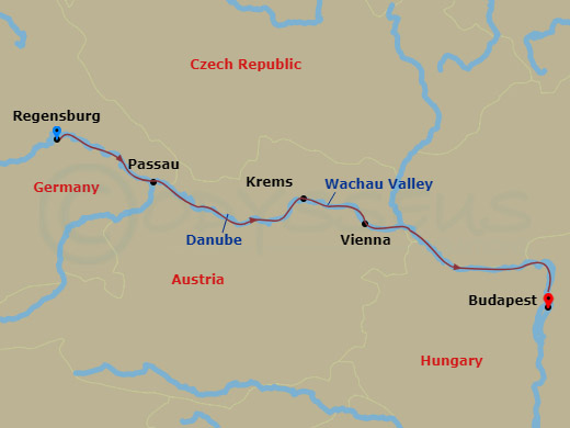 Viking Atla - 7 Night - Romantic Danube - Viking Atla - Starting in Regensburg, Passau, Scenic Sailing Wachau Valley, Krems, Vienna, Scenic Sailing Danube Bend, Budapest itinerary map
