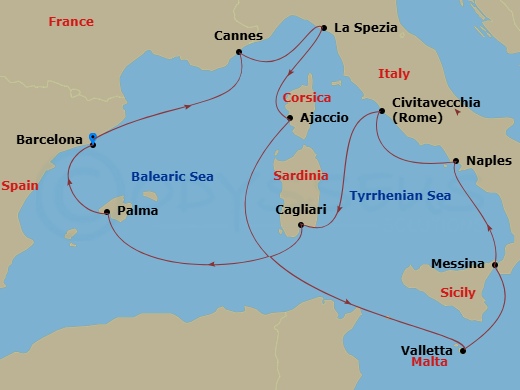 Celebrity Equinox - 12 Night - Italy, France, Spain & Malta - Celebrity Equinox - Starting in Barcelona, Spain, Cannes, France, Florence / Pisa (La Spezia), Italy, Ajaccio, Corsi.. itinerary map