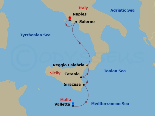 Le Laperouse - 5 Night - Italian Escape - Le Laperouse - Starting in Valletta, Syracuse, Sicily, Catania, Sicily, Reggio di Calabria, Salerno, Naples itinerary map