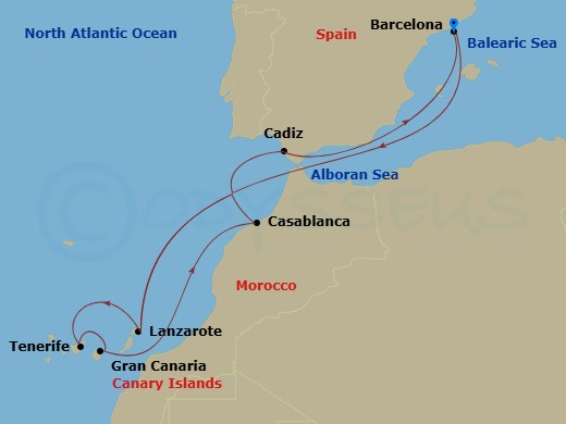 Celebrity Infinity - 10 Night - Canary Islands, Spain & Morocco - Celebrity Infinity - Starting in Barcelona, Spain, Lanzarote, Canary Islands, Tenerife, Canary Islands, Gran Cana.. itinerary map