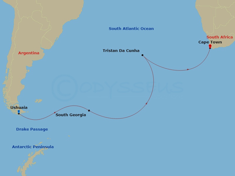 SH Diana - 20 Night - South Atlantic Cruise : from Antarctica to South Africa - SH Diana - Starting in Ushuaia, Antarctic Peninsula, South Georgia, Tristan da Cunha, Cap.. itinerary map
