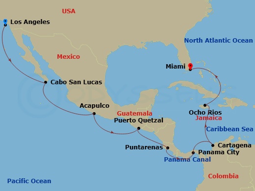 NCL Norwegian Joy - 16 Night - Repo - Panama Canal - NCL Norwegian Joy - Starting in Los Angeles, Ca, Cabo San Lucas, Mexico, Acapulco, Mexico, Puerto Quetzal, Guatemala, Puerto.. itinerary map