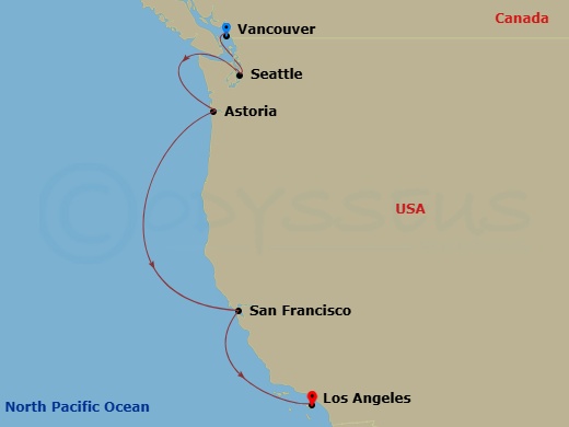 NCL Norwegian Joy - 6 Night - Repo - Pacific Coastal - NCL Norwegian Joy - Starting in Vancouver, Canada, Seattle, Wa, Astoria, Or, San Francisco, Ca, Los Angeles, Ca itinerary map