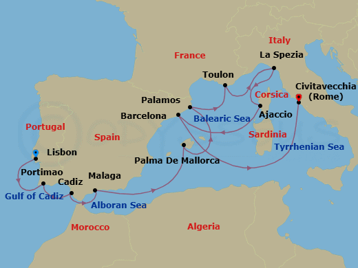 14 Night - Iberia & Italian Treasures - Oceania Sirena - Starting in Lisbon, Portimao, Seville (Cadiz), Malaga, Palma De Mallorca, Palamos, Toulon, Cinque Terre (La Spezia), Ajaccio (Corsica), Barcelona, Rome (Civitavecchia) itinerary map