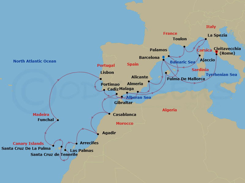 26 Night - Ramblas to Renaissance - Oceania Sirena - Starting in Barcelona, Alicante, Almeria, Gibraltar, Casablanca, Agadir, Arrecife (Lanzarote), Las Palmas De Gran Canaria, Santa Cruz de Tenerife, Santa Cruz de La Palma, Funchal (Madeira), Lisbon, Portimao, Seville (Cadiz), Malaga, Palma De Mallorca, Palamos, Toulon, Cinque Terre (La Spezia), Ajaccio (Corsica), Barcelona, Rome (Civitavecchia) itinerary map