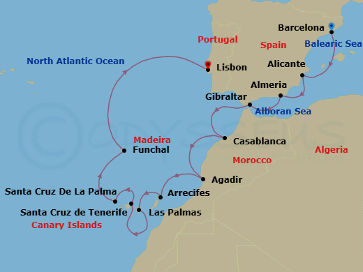12 Night - Canaries, Morocco & More - Oceania Sirena - Starting in Barcelona, Alicante, Almeria, Gibraltar, Casablanca, Agadir, Arrecife (Lanzarote), Las Palmas De Gran Canaria, Santa Cruz de Tenerife, Santa Cruz de La Palma, Funchal (Madeira), Lisbon itinerary map