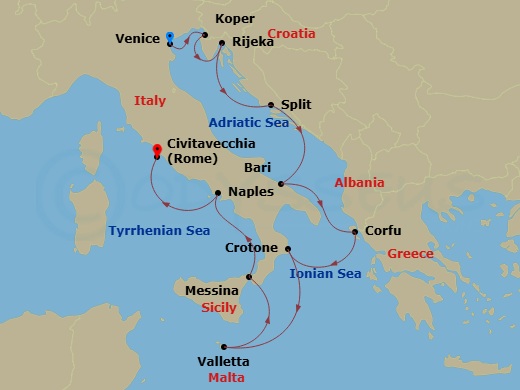 Oceania Sirena - 10 Night - Croatia & Italy Holiday - Oceania Sirena - Starting in Venice (Fusina), Koper, Rijeka, Split, Bari, Corfu, Crotone (Calabria), Valletta, Messina (S.. itinerary map