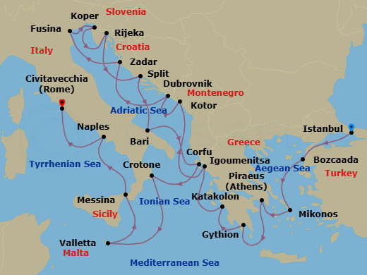 20 Night - Revered & Romantic Shores - Oceania Sirena - Starting in Istanbul, Bozcaada (Troy), Mykonos, Athens (Piraeus), Gythion, Katakolon, Igoumenitsa, Kotor, Dubrovnik, Croatia, Zadar, Venice (Fusina), Koper, Rijeka, Split, Bari, Corfu, Crotone (Calabria), Valletta, Messina (Sicily), Naples / Pompeii, Rome (Civitavecchia) itinerary map