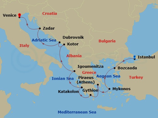 Oceania Sirena - 10 Night - Hellenic & Dalmatian Gems - Oceania Sirena - Starting in Istanbul, Bozcaada (Troy), Mykonos, Athens (Piraeus), Gythion, Katakolon, Igoumenitsa, Kot.. itinerary map