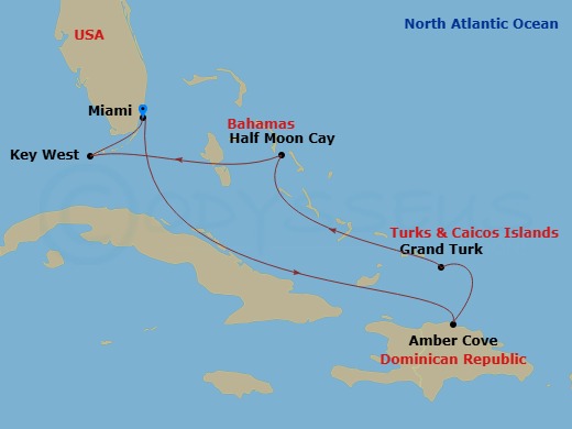 HAL Zuiderdam - 7 Night - Eastern Caribbean Holiday : Amber Cove & Bahamas - HAL Zuiderdam - Starting in Miami, Florida, Amber Cove, Dominican Republic, Grand Turk, Turks and.. itinerary map