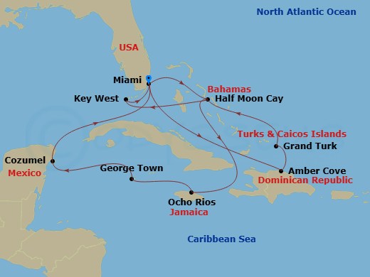 HAL Zuiderdam - 14 Night - Western & Eastern Caribbean : Mexico & Bahamas Holiday - HAL Zuiderdam - Starting in Miami, Florida, RelaxAway, Half Moon Cay, Bahamas, Ocho Rios,.. itinerary map