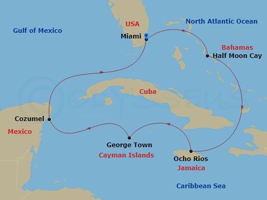 HAL Zuiderdam - 7 Night - Western Caribbean : Greater Antilles & Mexico - HAL Zuiderdam - Starting in Miami, Florida, RelaxAway, Half Moon Cay, Bahamas, Ocho Rios, Jamaica, G.. itinerary map