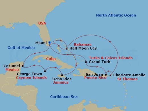HAL Zuiderdam - 14 Night - Eastern & Western Caribbean : San Juan & Mexico - HAL Zuiderdam - Starting in Miami, Florida, Grand Turk, Turks and Caicos, San Juan, Puerto Rico,.. itinerary map