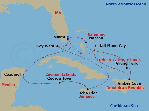 HAL Zuiderdam - 14 Night - Western & Eastern Caribbean : Mexico & Bahamas - HAL Zuiderdam - Starting in Miami, Florida, Key West, Florida, Ocho Rios, Jamaica, Georgetown, Cay.. itinerary map