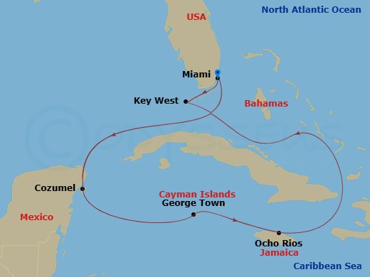 HAL Zuiderdam - 7 Night - Western Caribbean : Greater Antilles & Mexico - HAL Zuiderdam - Starting in Miami, Florida, Key West, Florida, Ocho Rios, Jamaica, Georgetown, Cayma.. itinerary map