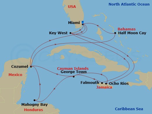 HAL Zuiderdam - 17 Night - Western Caribbean : Greater Antilles & Honduras - HAL Zuiderdam - Starting in Miami, Florida, Key West, Florida, Falmouth, Jamaica, Georgetown, Cay.. itinerary map