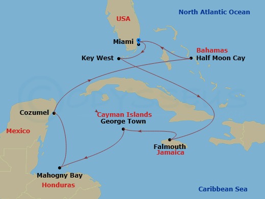HAL Zuiderdam - 10 Night - Western Caribbean : Greater Antilles & Honduras - HAL Zuiderdam - Starting in Miami, Florida, Key West, Florida, Falmouth, Jamaica, Georgetown, Cay.. itinerary map