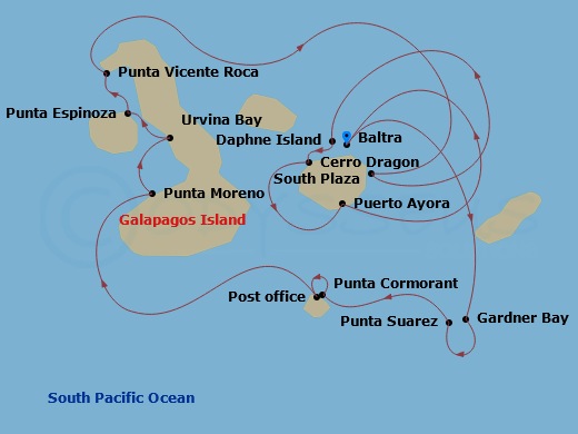 Celebrity Flora - 7 Night - Galapagos Outer Loop Cruise - Celebrity Flora - Starting in Baltra (Galapagos), Gardner Bay (Espanola), Suarez Point, (Espanola), Cormorant Point (F.. itinerary map