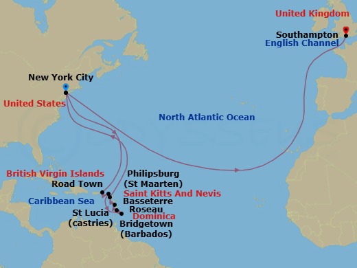 23 Night - Transatlantic Crossing and Caribbean Celebration - Queen Mary 2 - Starting in New York, NY, Road Town, Tortola, Philipsburg, St Maarten, Bridgetown, Barbados, Castries, St Lucia, Roseau, Dominica, Basseterre, St Kitts, New York, NY, Southampton, England, UK itinerary map