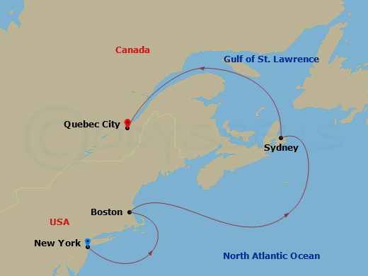 Queen Mary 2 - 8 Night - New England and Canada - Queen Mary 2 - Starting in New York, NY, Boston, MA, Sydney NS, Canada, Quebec, QC, Canada itinerary map