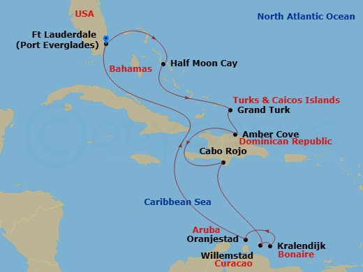 HAL Eurodam - 11 Night - Southern Caribbean : Abc Islands - HAL Eurodam - Starting in Fort Lauderdale, Florida, RelaxAway, Half Moon Cay, Bahamas, Grand Turk, Turks and Cai.. itinerary map