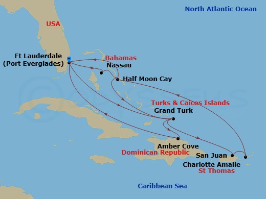 HAL Nieuw Statendam - 14 Night - Eastern Caribbean : Bahamas & San Juan - HAL Nieuw Statendam - Starting in Fort Lauderdale, Florida, Nassau, Bahamas, RelaxAway, Half Moon Cay, Bah.. itinerary map