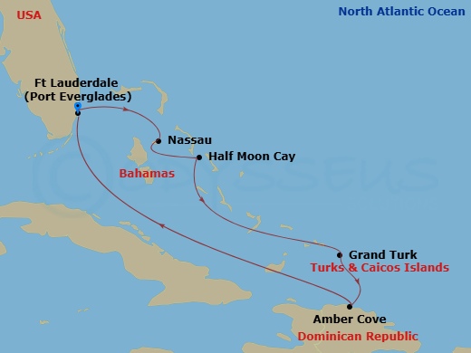 Nieuw Statendam - 7 Night - Eastern Caribbean : Amber Cove & Bahamas - Nieuw Statendam - Starting in Fort Lauderdale, Florida, Nassau, Bahamas, RelaxAway, Half Moon Cay, Bahama.. itinerary map