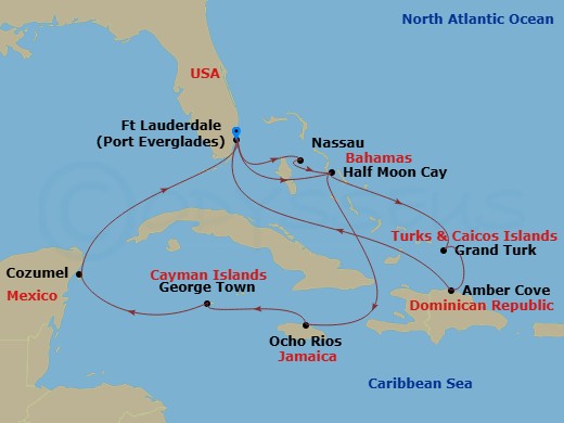 HAL Nieuw Statendam - 14 Night - Western & Eastern Caribbean : Mexico & Bahamas - HAL Nieuw Statendam - Starting in Fort Lauderdale, Florida, RelaxAway, Half Moon Cay, Bahamas, Och.. itinerary map